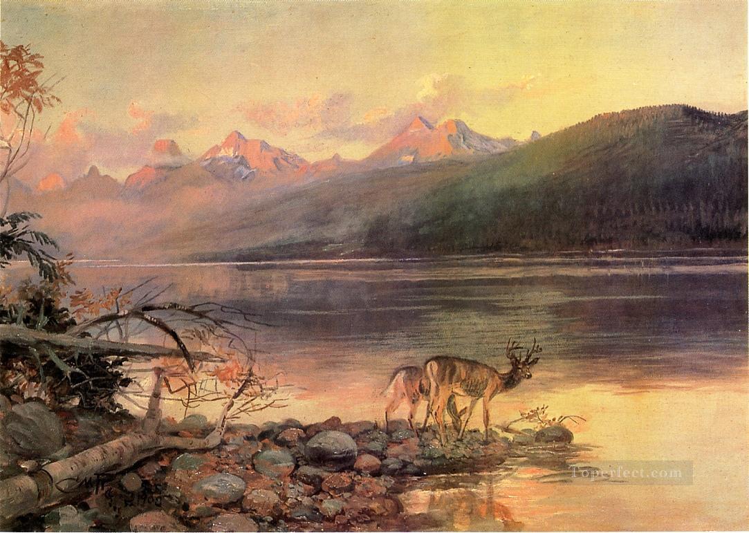 Cerf au lac McDonald paysage ouest américain Charles Marion Russell Peintures à l'huile